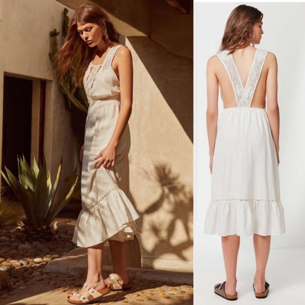 Urban Outfitters‎ White Antoinette Open Back Lace Trim RUffle Hem Midi Dress XS